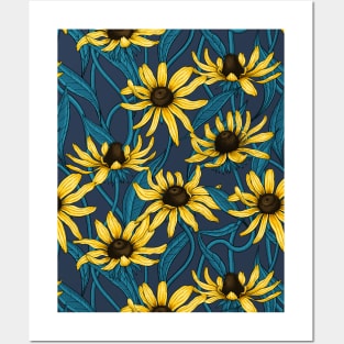 Yellow Rudbekia on navy Posters and Art